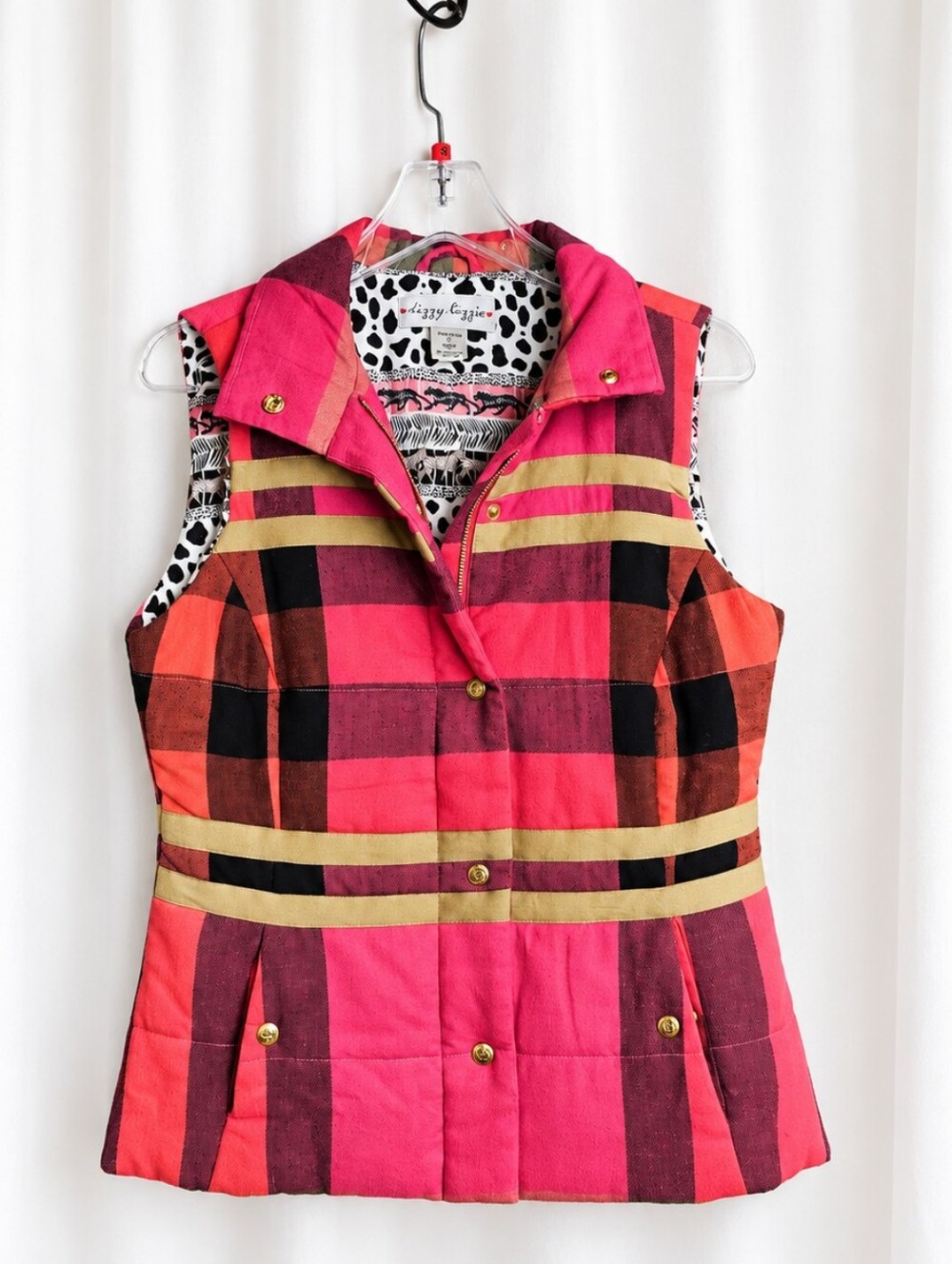 Dizzy Lizzie Colorful Pink Plaid Safari Print Lined Zip Snap Cotton Preppy Vest